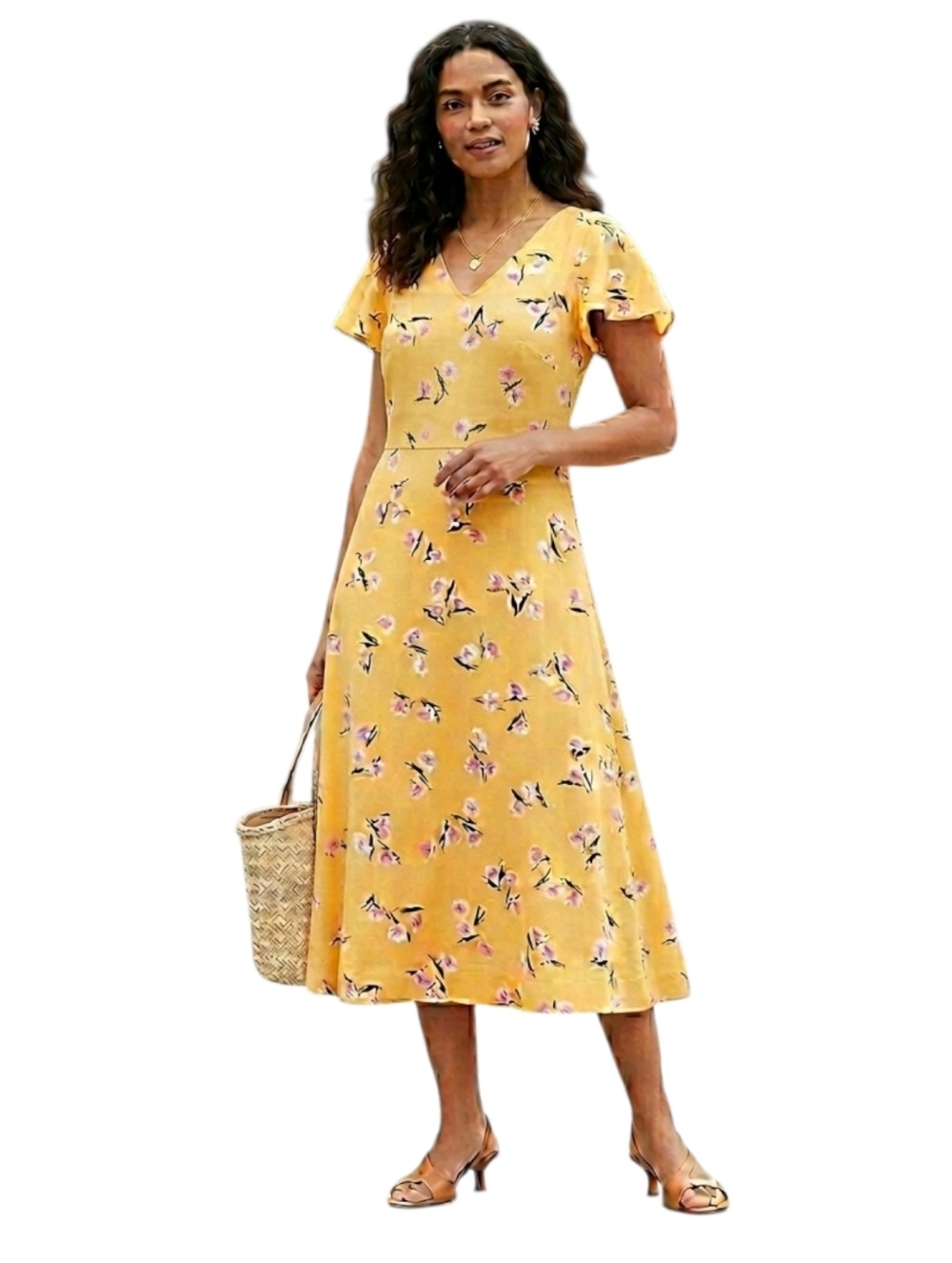 Ann Taylor Women's Floral Midi Dress Flutter Sleeve V-Neck Linen Blend Sz 14